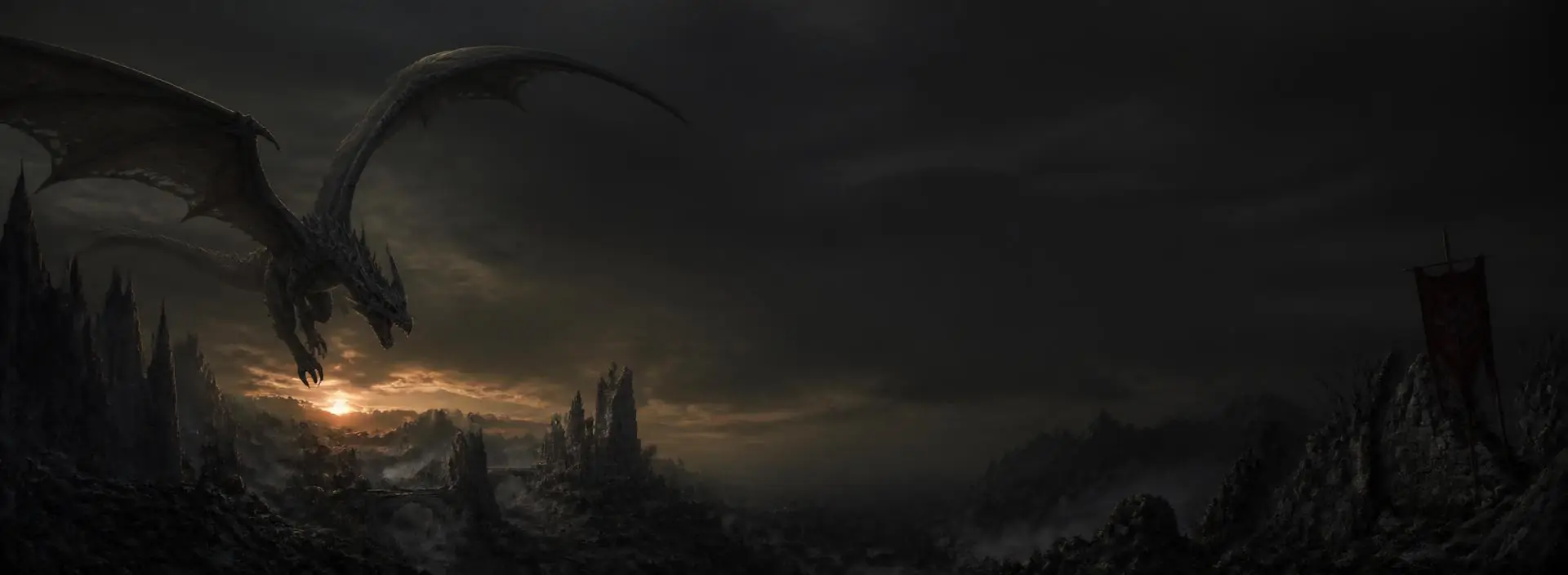 Dragão sobrevoando ruínas ao entardecer